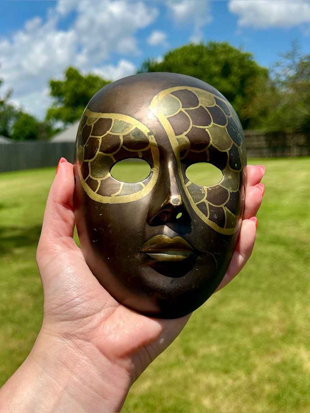 Vintage MCM Brass Harlequin Mask Wall Hanging Decor GUC